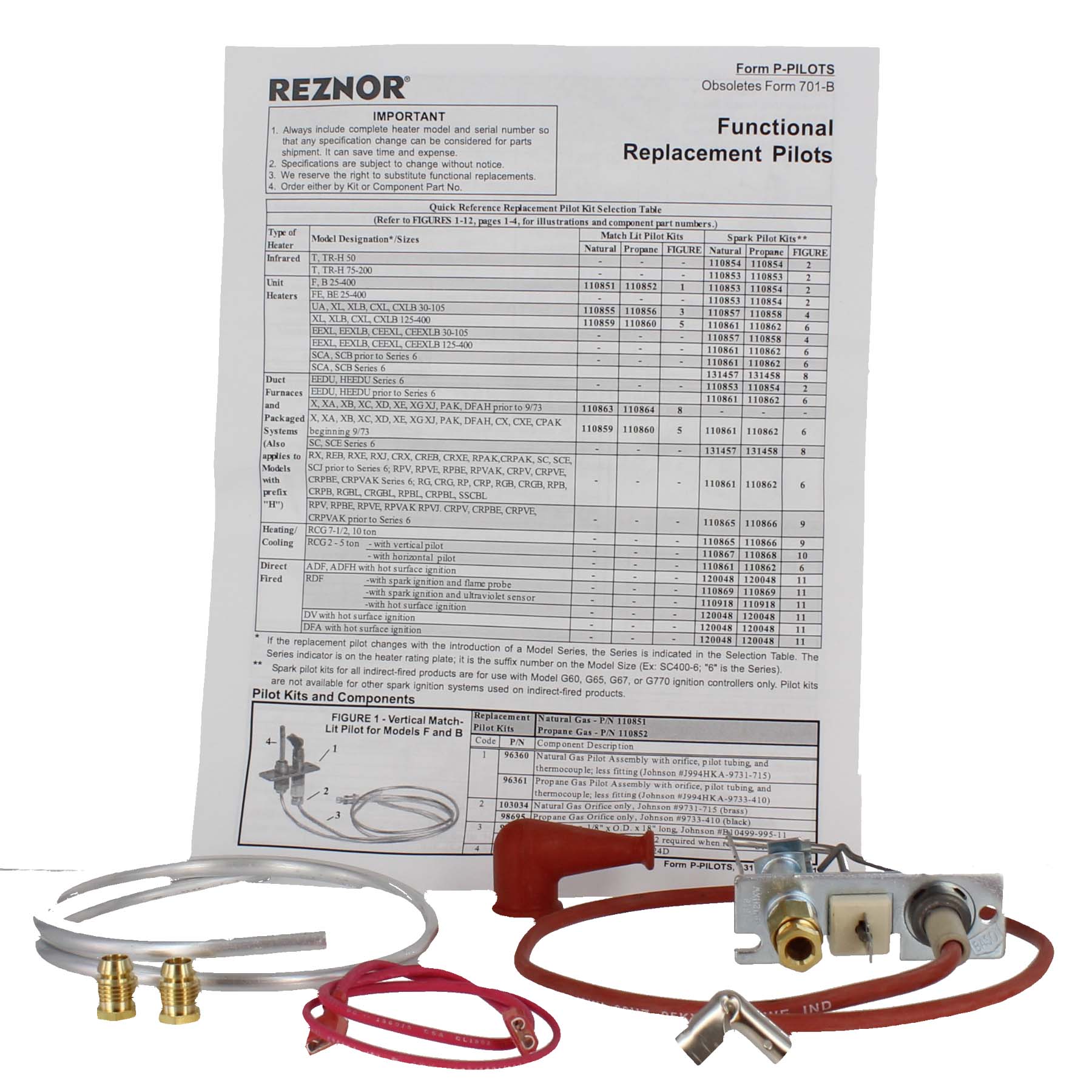 In Stock Reznor 110861 PILOT ASSEMBLY KIT FOR NATURAL GAS WITH ORIFICE